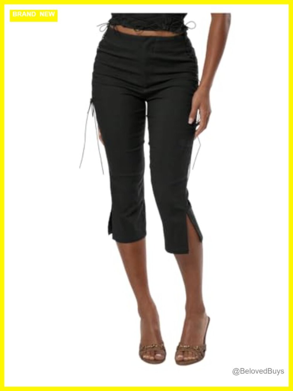 MakeMeChic High Waisted Lace Up Capri Leggings Skinny Slit Hem Y2K Pants